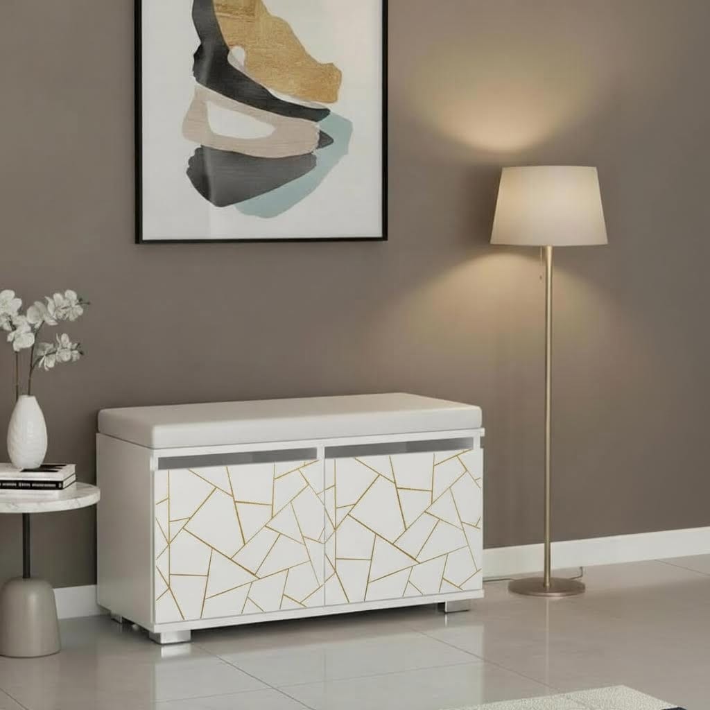 PRATI 80 cm Minderli Ayakkabılık Oturaklı | 2 Kapaklı Beyaz Ayakkabı Dolabı | Deri Puflu Bench Portmanto | 6-8 Çift Kapasiteli Modern Antre Dolabı