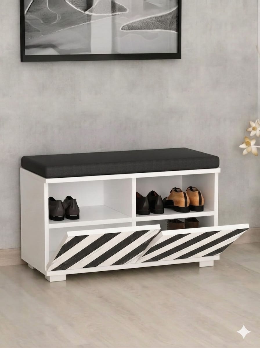 SAN MARCO 80 cm Minderli Ayakkabılık Oturaklı | 2 Kapaklı Beyaz Ayakkabı Dolabı | Deri Puflu Bench Portmanto | 6-8 Çift Kapasiteli Modern Antre Dolabı