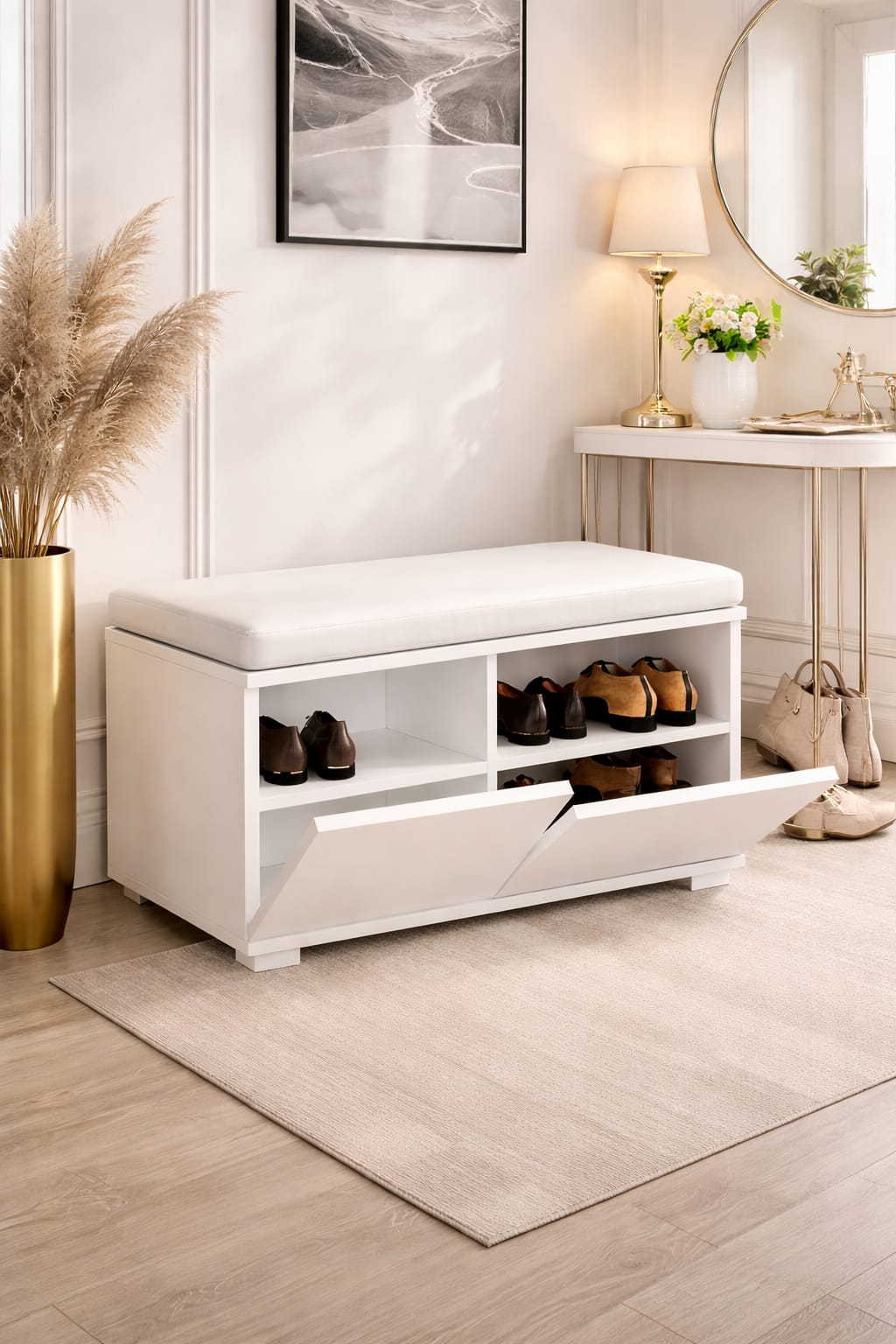 CANNAREGIO 80 cm Minderli Ayakkabılık Oturaklı | 2 Kapaklı Beyaz Ayakkabı Dolabı | Deri Puflu Bench Portmanto | 6-8 Çift Kapasiteli Modern Antre Dolabı