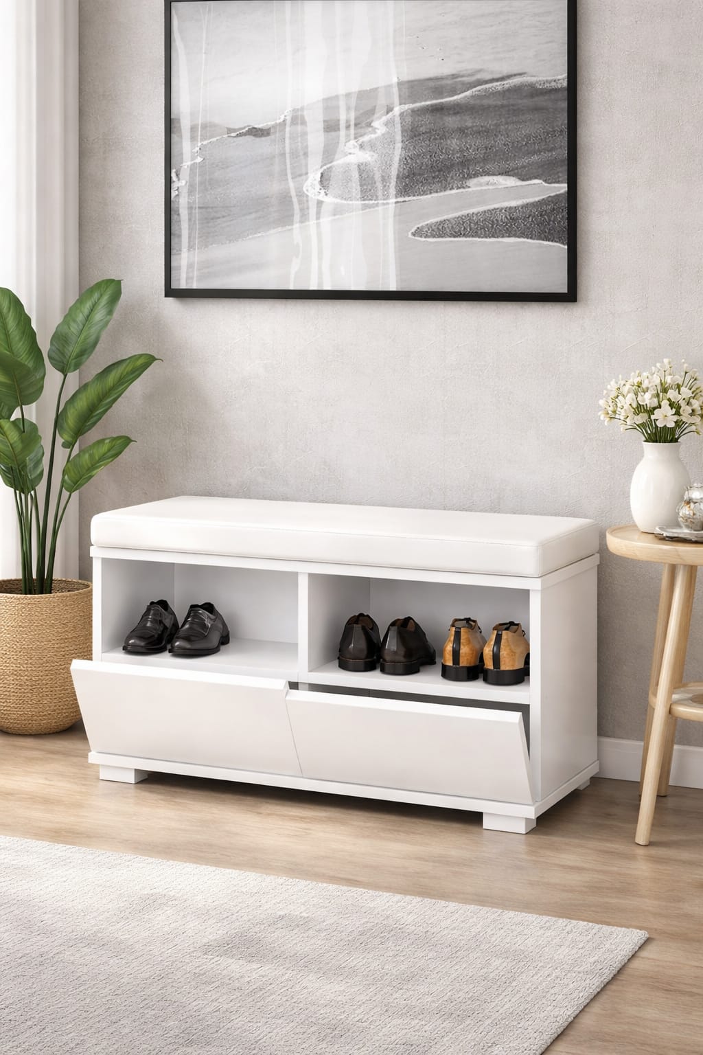 CANNAREGIO 80 cm Minderli Ayakkabılık Oturaklı | 2 Kapaklı Beyaz Ayakkabı Dolabı | Deri Puflu Bench Portmanto | 6-8 Çift Kapasiteli Modern Antre Dolabı