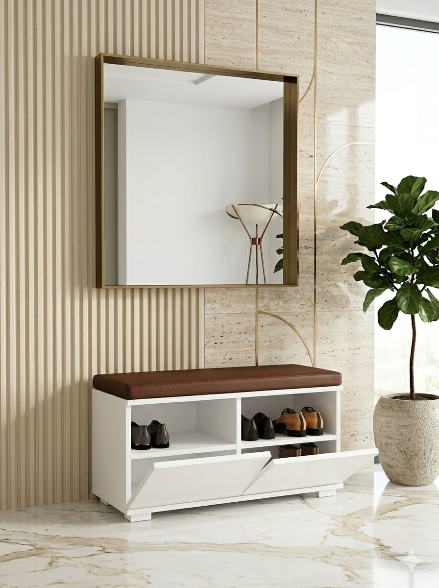 BRERA 80 cm Minderli Ayakkabılık Oturaklı | 2 Kapaklı Beyaz Ayakkabı Dolabı | Deri Puflu Bench Portmanto | 6-8 Çift Kapasiteli Modern Antre Dolabı