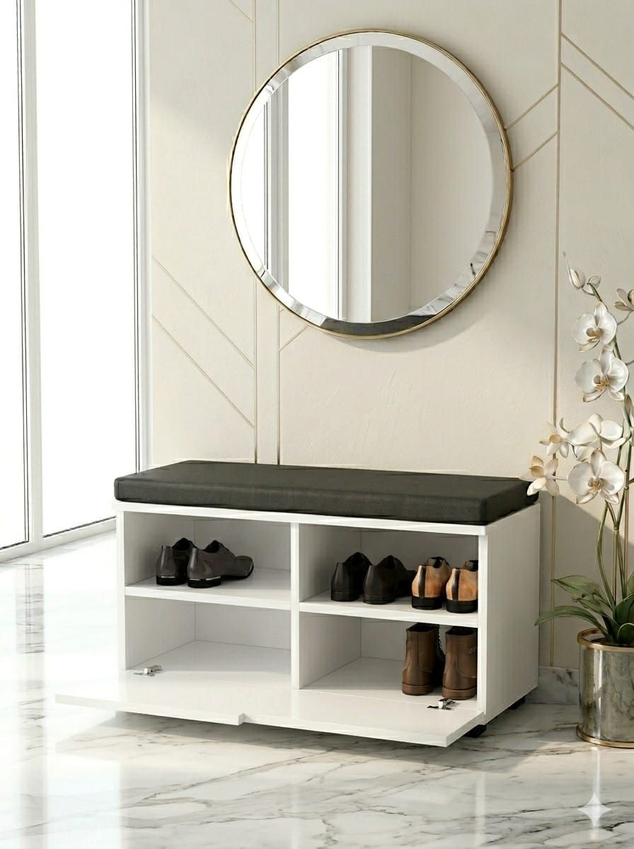 BOVISA 80 cm Minderli Ayakkabılık Oturaklı | 2 Kapaklı Beyaz Ayakkabı Dolabı | Deri Puflu Bench Portmanto | 6-8 Çift Kapasiteli Modern Antre Dolabı