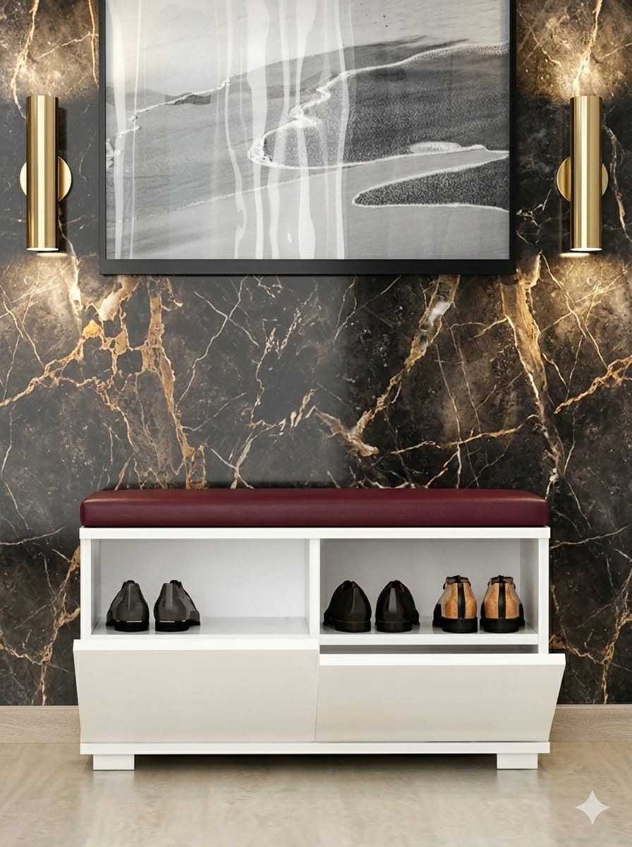 DORSODURO 80 cm Minderli Ayakkabılık Oturaklı | 2 Kapaklı Beyaz Ayakkabı Dolabı | Deri Puflu Bench Portmanto | 6-8 Çift Kapasiteli Modern Antre Dolabı