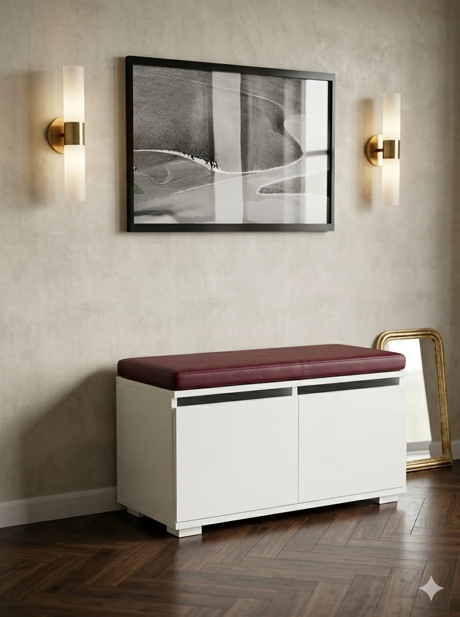 DORSODURO 80 cm Minderli Ayakkabılık Oturaklı | 2 Kapaklı Beyaz Ayakkabı Dolabı | Deri Puflu Bench Portmanto | 6-8 Çift Kapasiteli Modern Antre Dolabı