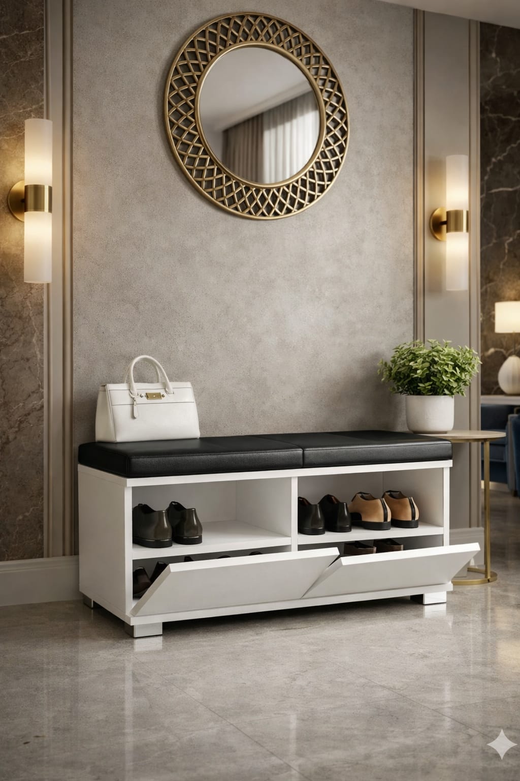 CASTELLO 80 cm Minderli Ayakkabılık Oturaklı | 2 Kapaklı Beyaz Ayakkabı Dolabı | Deri Puflu Bench Portmanto | 6-8 Çift Kapasiteli Modern Antre Dolabı
