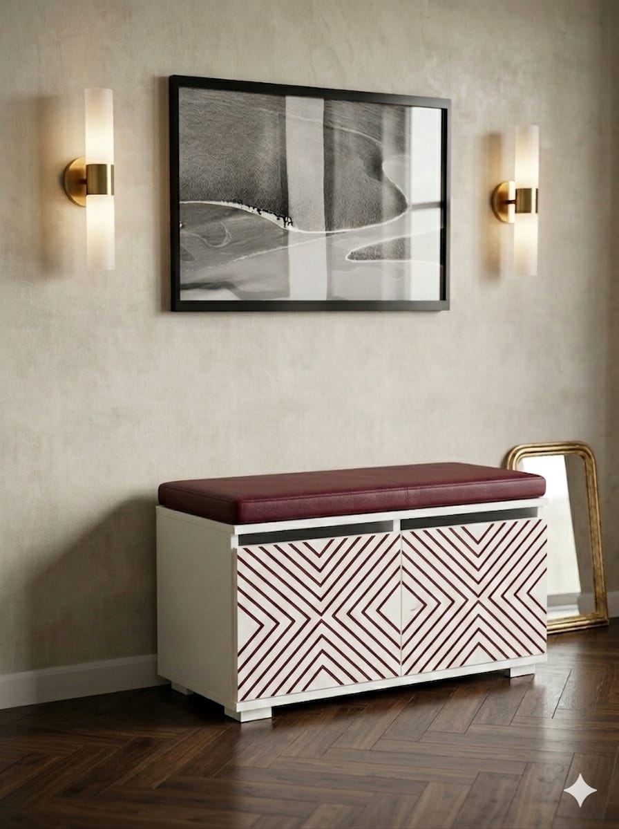 NUOVA 80 cm Minderli Ayakkabılık Oturaklı | 2 Kapaklı Beyaz Ayakkabı Dolabı | Deri Puflu Bench Portmanto | 6-8 Çift Kapasiteli Modern Antre Dolabı