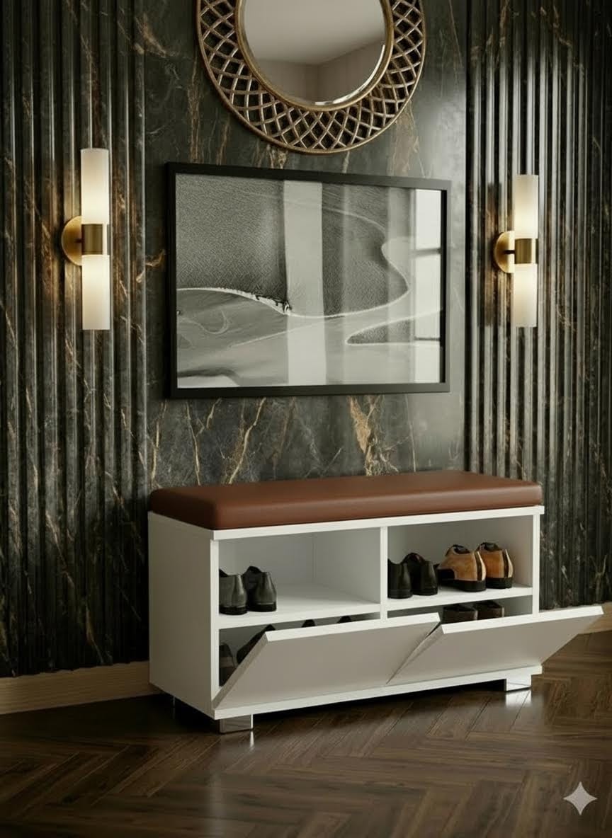 LAMBRATE 80 cm Minderli Ayakkabılık Oturaklı | 2 Kapaklı Beyaz Ayakkabı Dolabı | Deri Puflu Bench Portmanto | 6-8 Çift Kapasiteli Modern Antre Dolabı