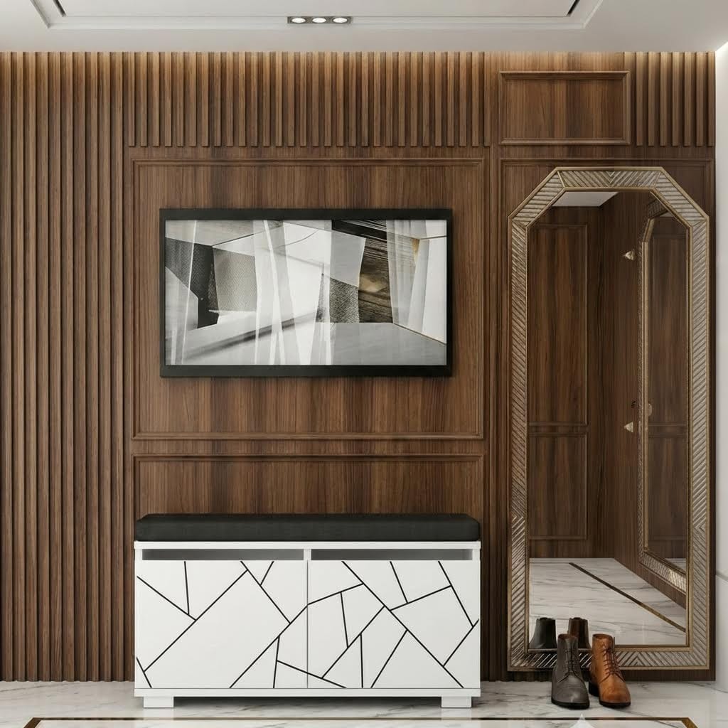 ROMANO 80 cm Minderli Ayakkabılık Oturaklı | 2 Kapaklı Beyaz Ayakkabı Dolabı | Deri Puflu Bench Portmanto | 6-8 Çift Kapasiteli Modern Antre Dolabı