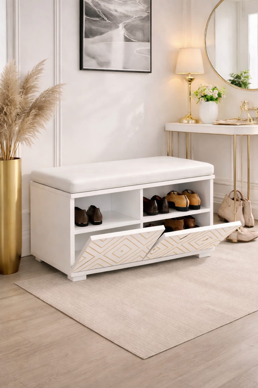 MURANO 80 cm Minderli Ayakkabılık Oturaklı | 2 Kapaklı Beyaz Ayakkabı Dolabı | Deri Puflu Bench Portmanto | 6-8 Çift Kapasiteli Modern Antre Dolabı