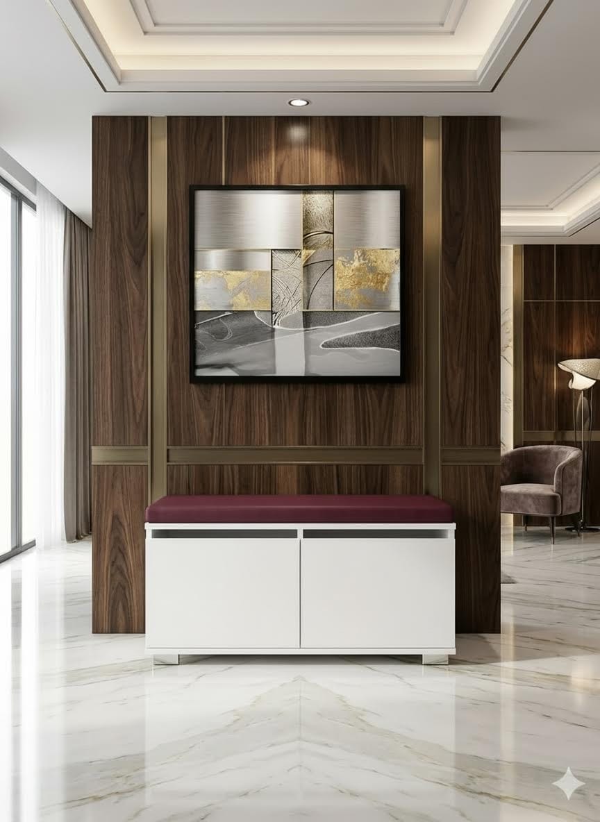 MONTI 80 cm Minderli Ayakkabılık Oturaklı | 2 Kapaklı Beyaz Ayakkabı Dolabı | Deri Puflu Bench Portmanto | 6-8 Çift Kapasiteli Modern Antre Dolabı