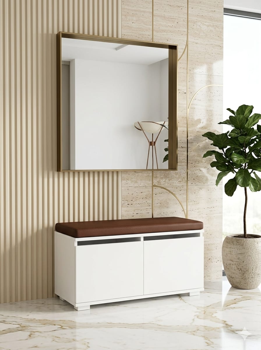 BRERA 80 cm Minderli Ayakkabılık Oturaklı | 2 Kapaklı Beyaz Ayakkabı Dolabı | Deri Puflu Bench Portmanto | 6-8 Çift Kapasiteli Modern Antre Dolabı