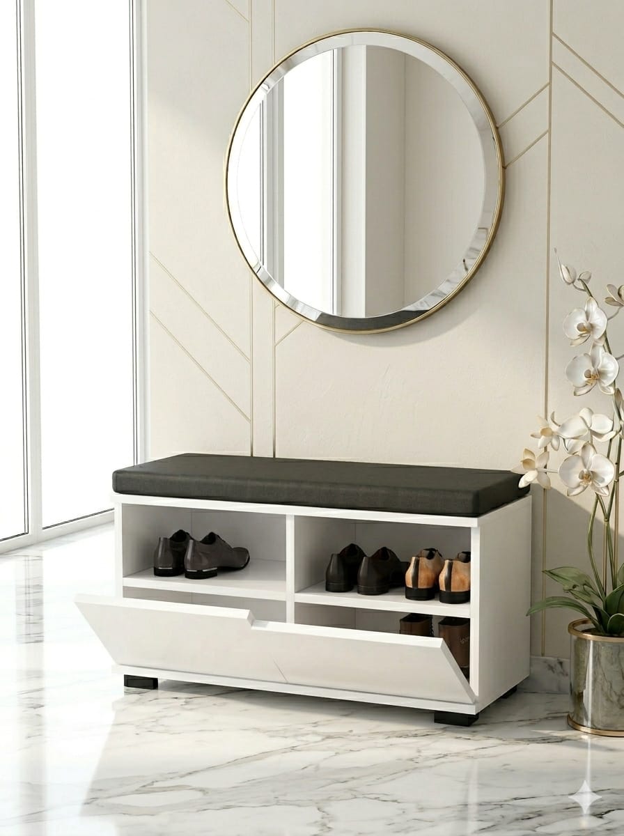 BOVISA 80 cm Minderli Ayakkabılık Oturaklı | 2 Kapaklı Beyaz Ayakkabı Dolabı | Deri Puflu Bench Portmanto | 6-8 Çift Kapasiteli Modern Antre Dolabı