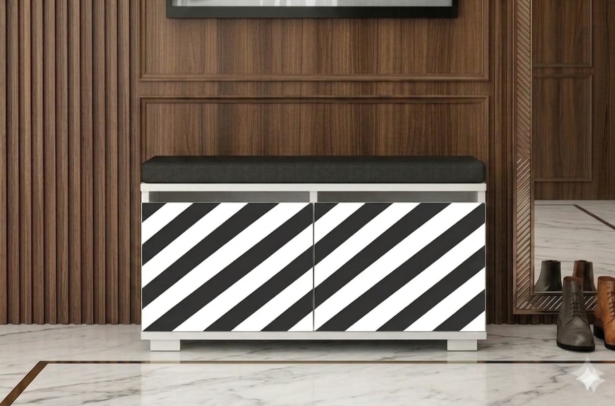 SAN MARCO 80 cm Minderli Ayakkabılık Oturaklı | 2 Kapaklı Beyaz Ayakkabı Dolabı | Deri Puflu Bench Portmanto | 6-8 Çift Kapasiteli Modern Antre Dolabı