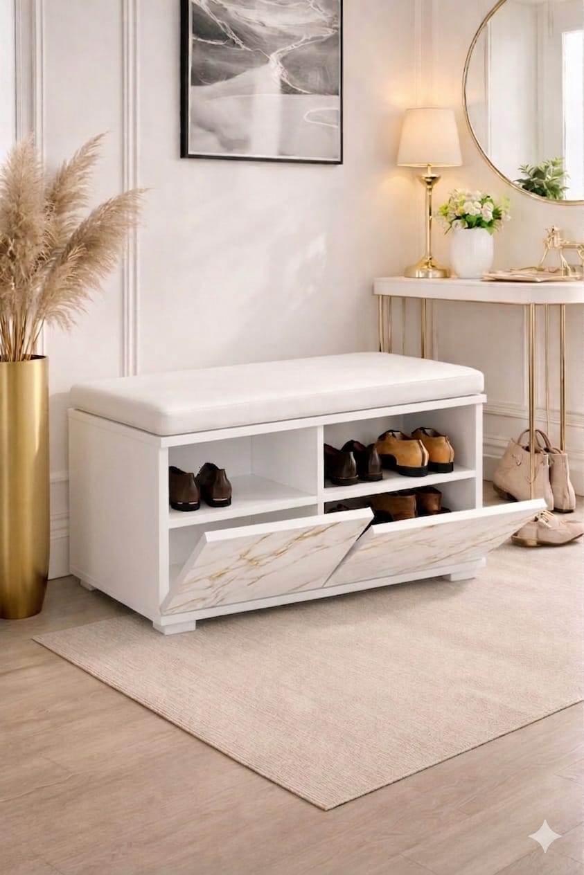 TERMINI 80 cm Minderli Ayakkabılık Oturaklı | 2 Kapaklı Beyaz Ayakkabı Dolabı | Deri Puflu Bench Portmanto | 6-8 Çift Kapasiteli Modern Antre Dolabı