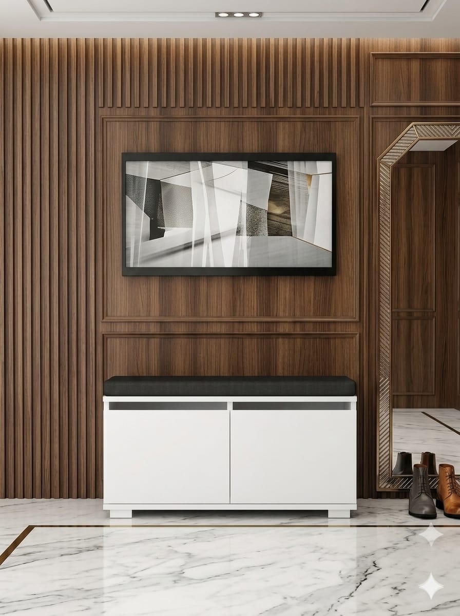 BRANO 80 cm Minderli Ayakkabılık Oturaklı | 2 Kapaklı Beyaz Ayakkabı Dolabı | Deri Puflu Bench Portmanto | 6-8 Çift Kapasiteli Modern Antre Dolabı
