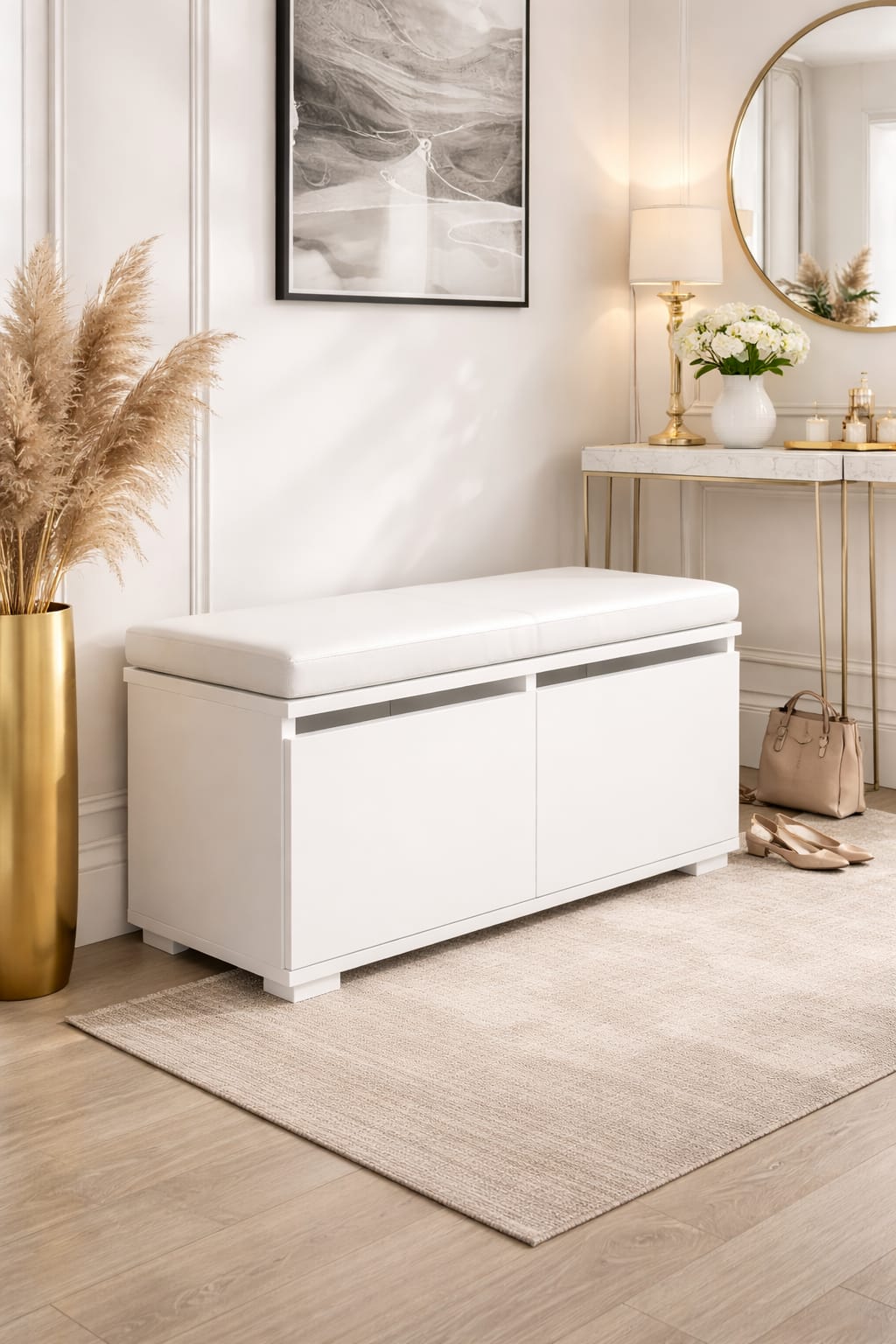 CANNAREGIO 80 cm Minderli Ayakkabılık Oturaklı | 2 Kapaklı Beyaz Ayakkabı Dolabı | Deri Puflu Bench Portmanto | 6-8 Çift Kapasiteli Modern Antre Dolabı