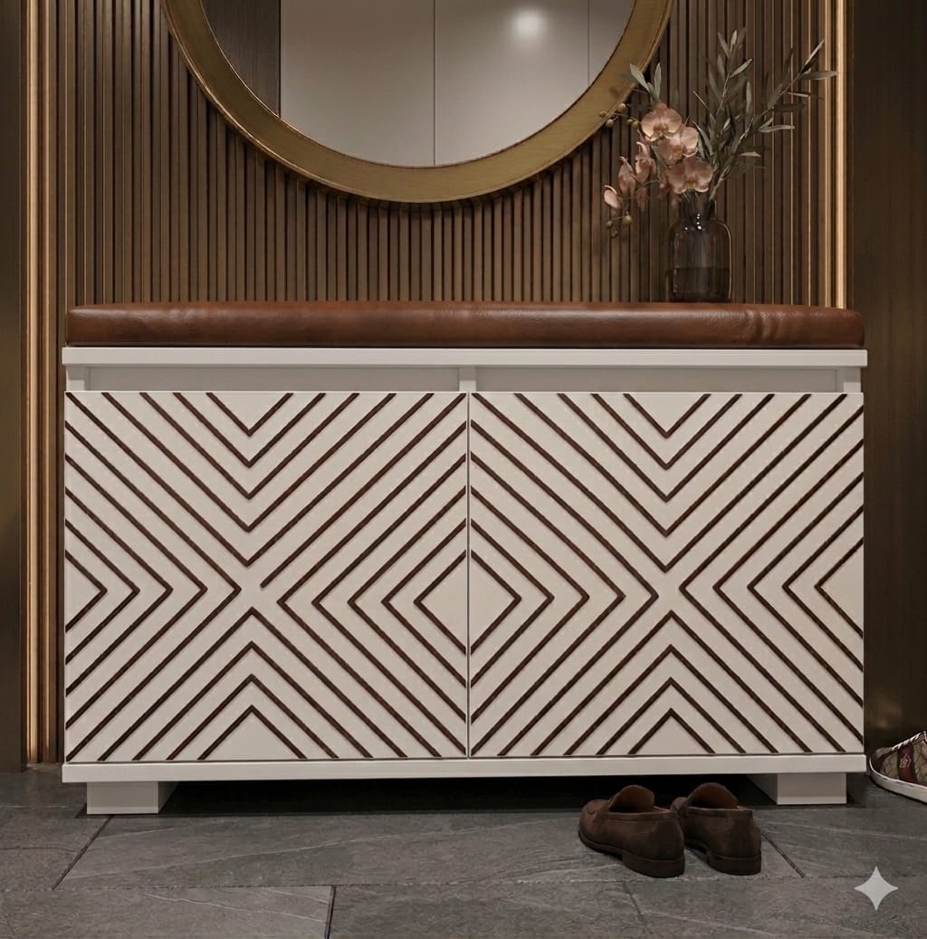 PORTA 80 cm Minderli Ayakkabılık Oturaklı | 2 Kapaklı Beyaz Ayakkabı Dolabı | Deri Puflu Bench Portmanto | 6-8 Çift Kapasiteli Modern Antre Dolabı