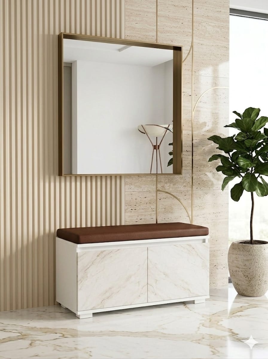 SAN CROCE 80 cm Minderli Ayakkabılık Oturaklı | 2 Kapaklı Beyaz Ayakkabı Dolabı | Deri Puflu Bench Portmanto | 6-8 Çift Kapasiteli Modern Antre Dolabı