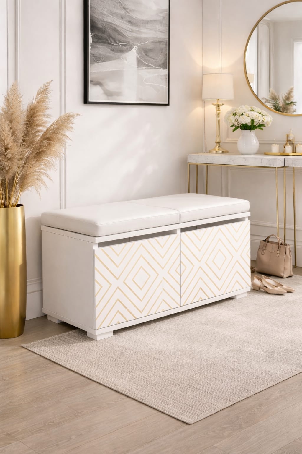 MURANO 80 cm Minderli Ayakkabılık Oturaklı | 2 Kapaklı Beyaz Ayakkabı Dolabı | Deri Puflu Bench Portmanto | 6-8 Çift Kapasiteli Modern Antre Dolabı