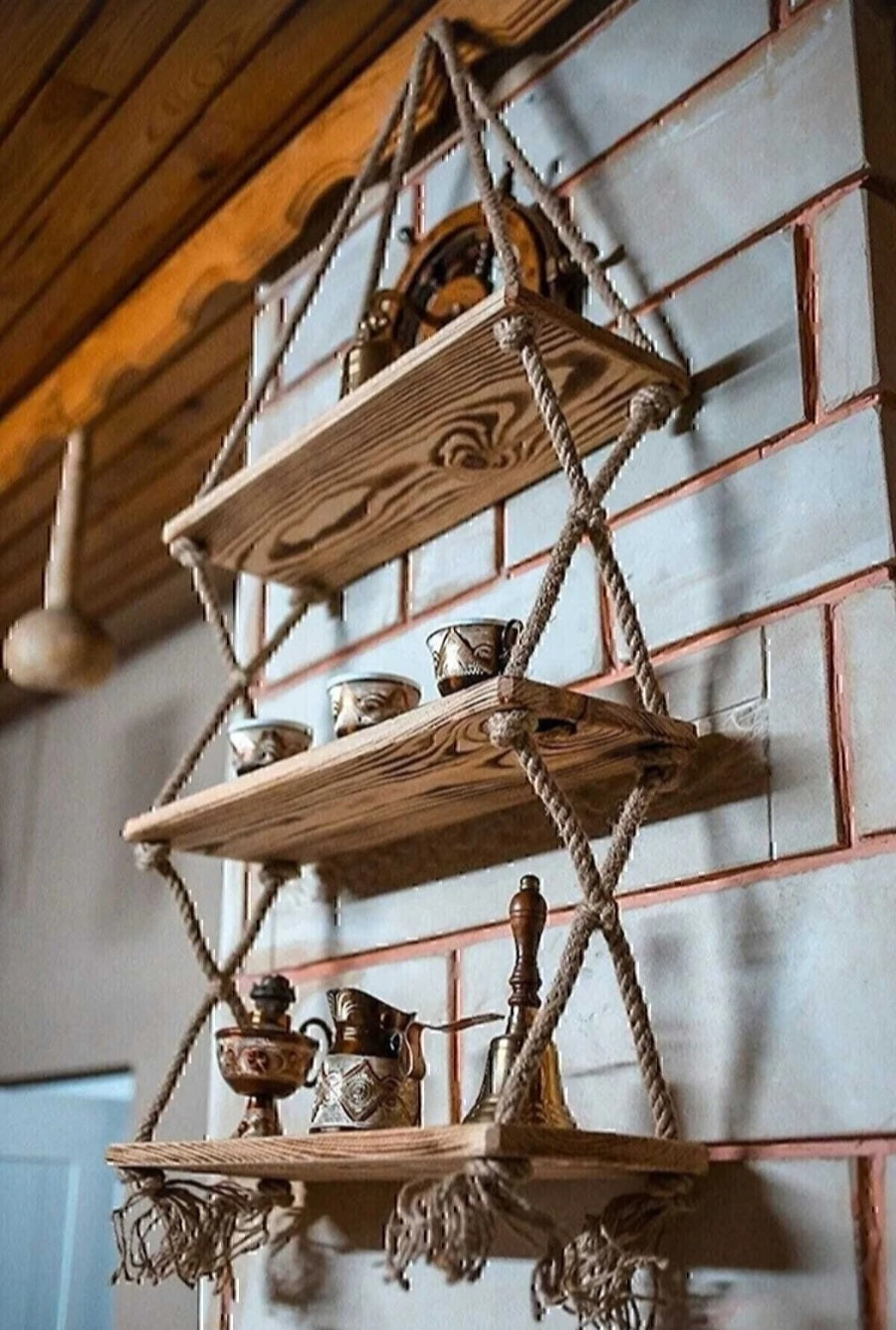 Ahşap Dekoratif 3’lü Halatlı Raf,rustik ahşap raf,minimalist raf