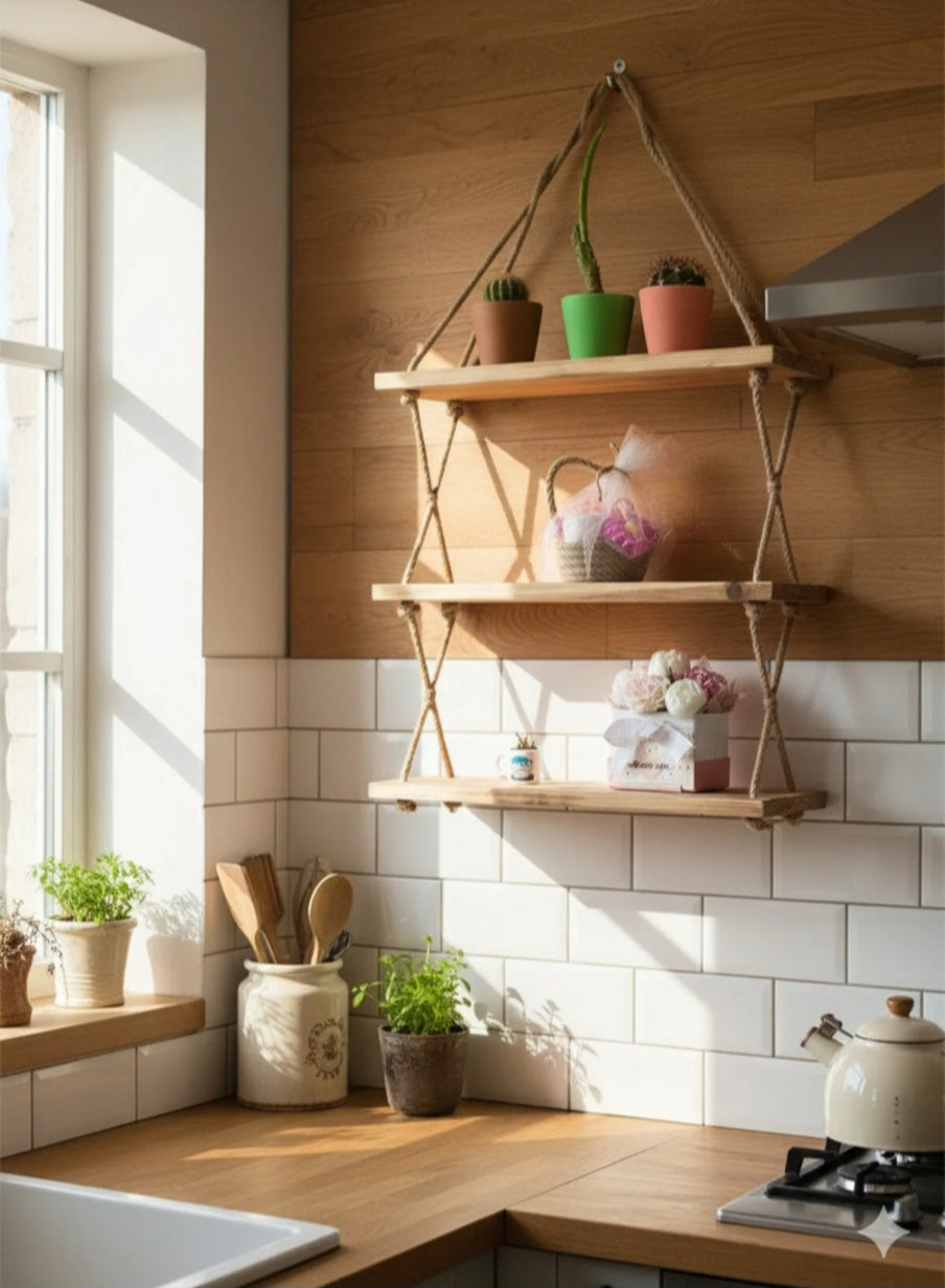 Ahşap Dekoratif 3’lü Halatlı Raf,rustik ahşap raf,minimalist raf