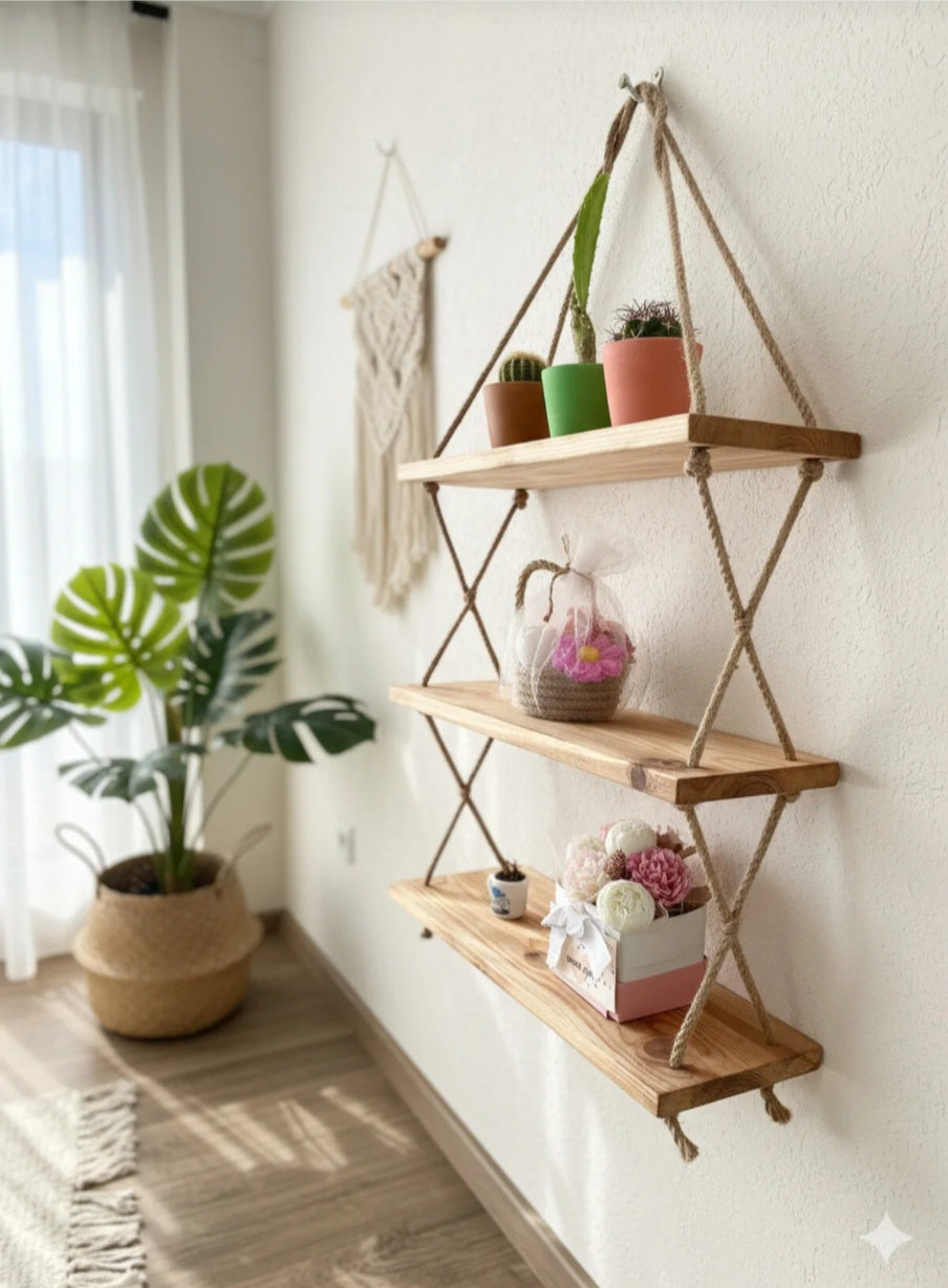 Ahşap Dekoratif 3’lü Halatlı Raf,rustik ahşap raf,minimalist raf