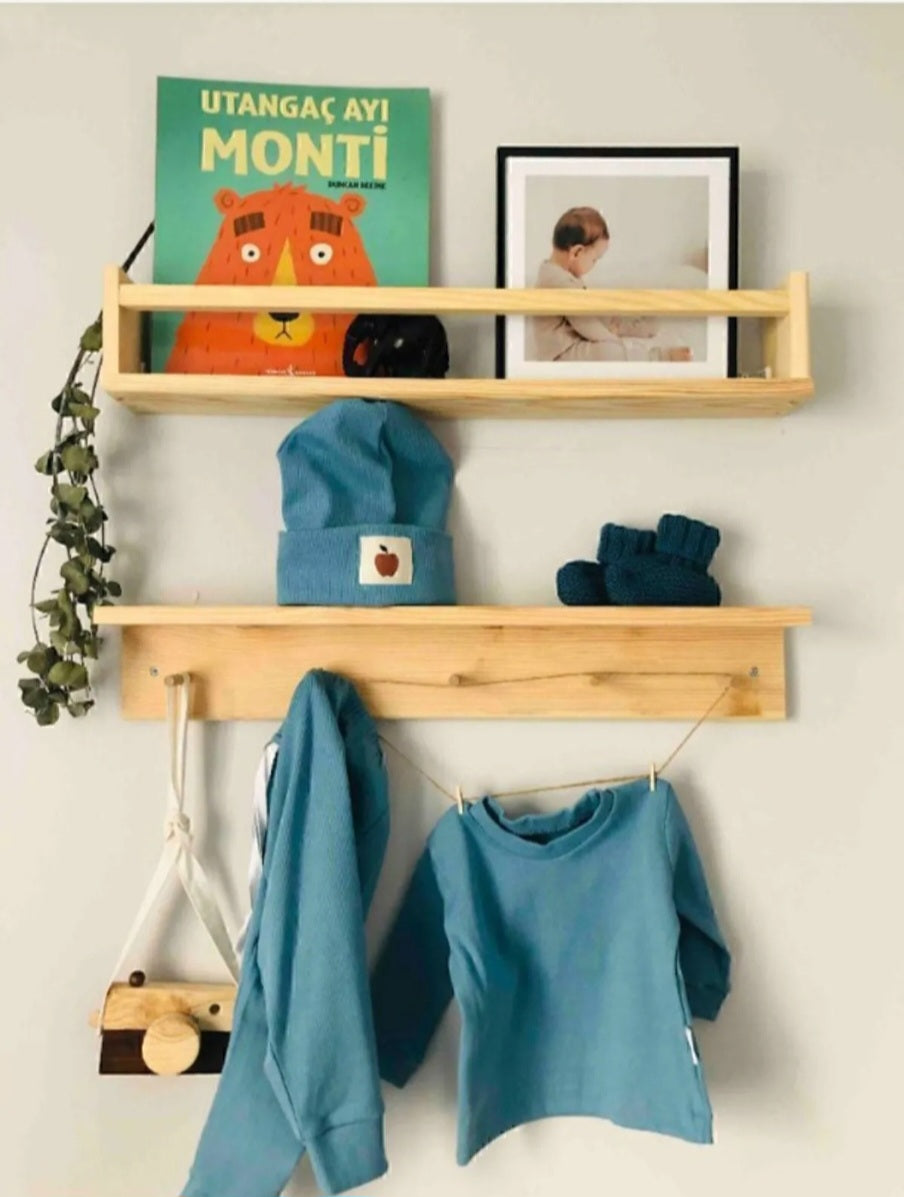 Ahşap Askılık Raf Ve Kitaplık Raf Eğitici Montessori 2 li set staytra