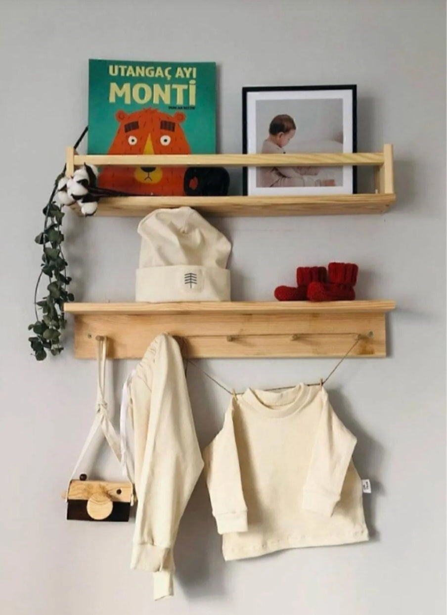 Ahşap Askılık Raf Ve Kitaplık Raf Eğitici Montessori 2 li set staytra