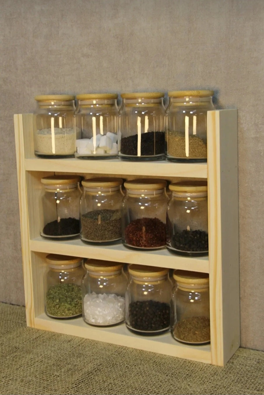 Ahşap Baharatlık Standı, Tezgah Üstü Düzenleyici, Ahşap Raf (Doğal Çam)