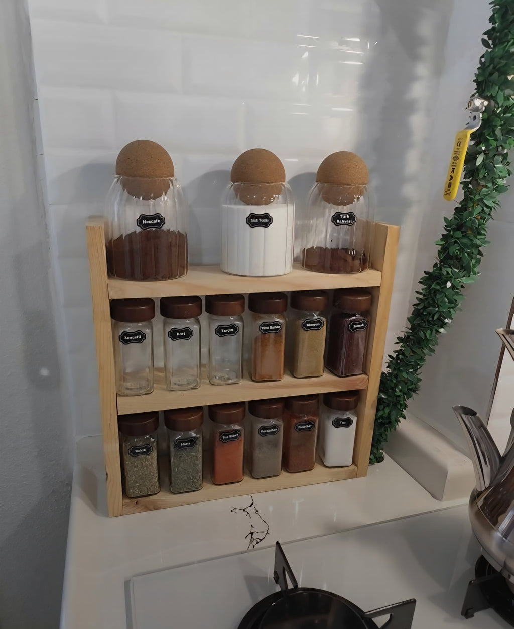 Ahşap Baharatlık Standı, Tezgah Üstü Düzenleyici, Ahşap Raf (Doğal Çam)