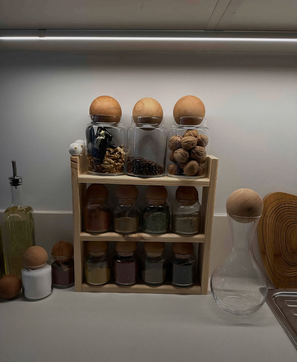 Ahşap Baharatlık Standı, Tezgah Üstü Düzenleyici, Ahşap Raf (Doğal Çam)