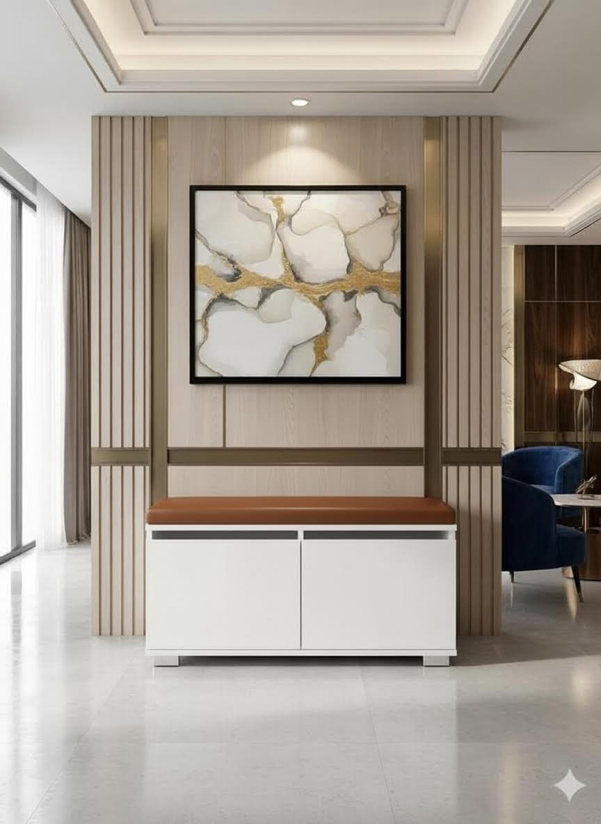 LAMBRATE 80 cm Minderli Ayakkabılık Oturaklı | 2 Kapaklı Beyaz Ayakkabı Dolabı | Deri Puflu Bench Portmanto | 6-8 Çift Kapasiteli Modern Antre Dolabı