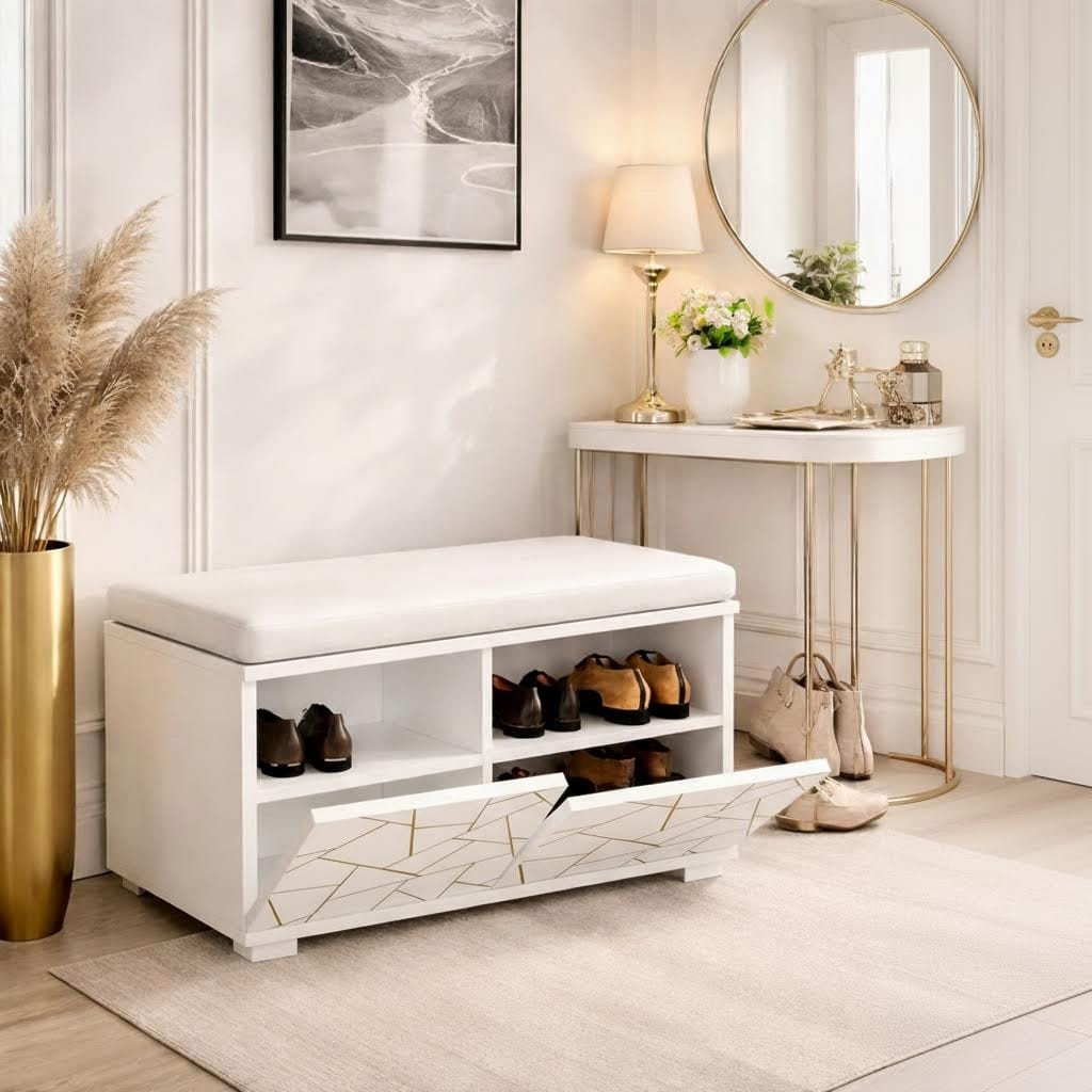 PRATI 80 cm Minderli Ayakkabılık Oturaklı | 2 Kapaklı Beyaz Ayakkabı Dolabı | Deri Puflu Bench Portmanto | 6-8 Çift Kapasiteli Modern Antre Dolabı