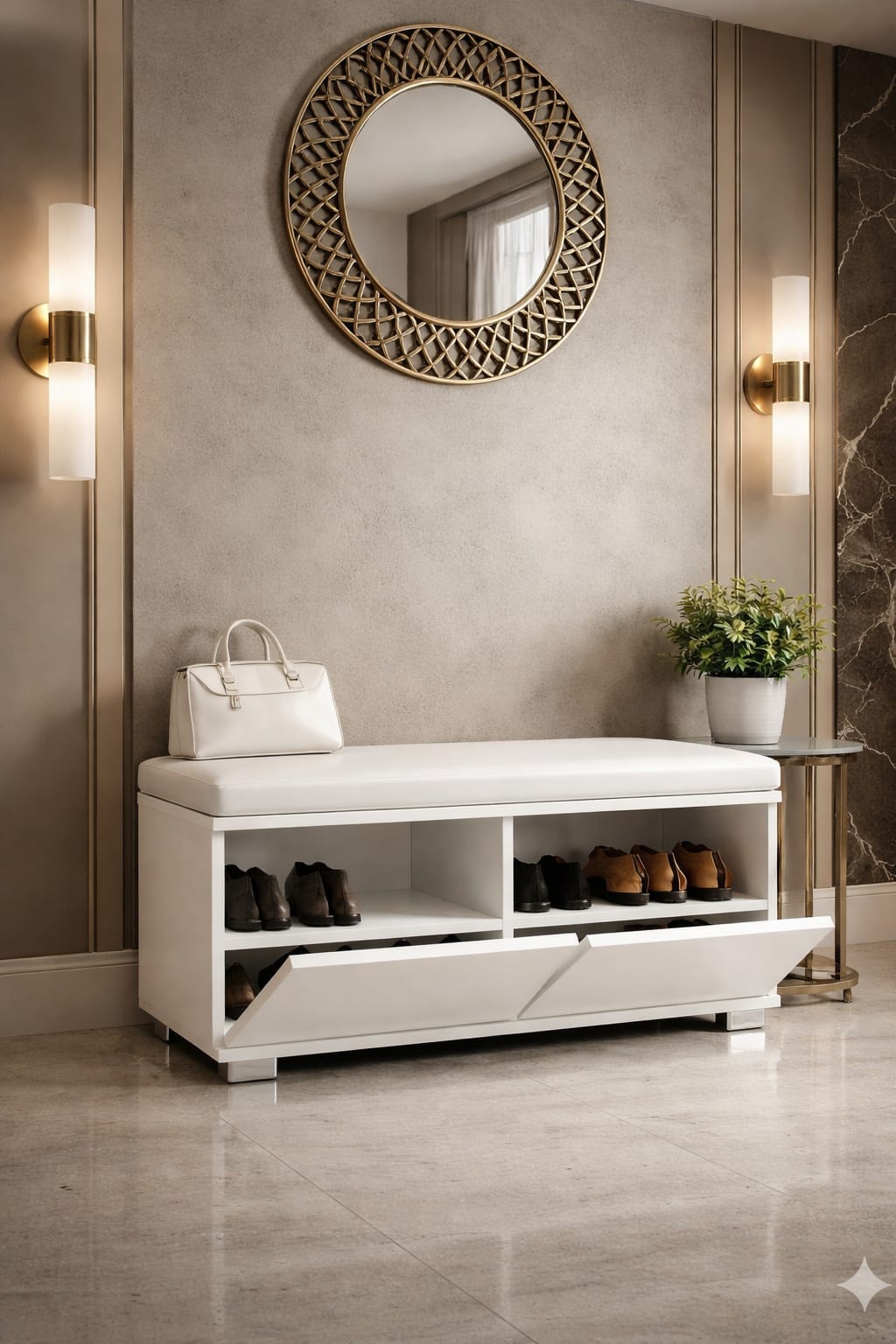ISOLA 80 cm Minderli Ayakkabılık Oturaklı | 2 Kapaklı Beyaz Ayakkabı Dolabı | Deri Puflu Bench Portmanto | 6-8 Çift Kapasiteli Modern Antre Dolabı
