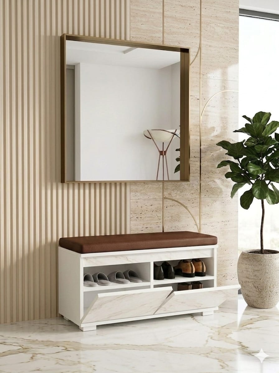 SAN CROCE 80 cm Minderli Ayakkabılık Oturaklı | 2 Kapaklı Beyaz Ayakkabı Dolabı | Deri Puflu Bench Portmanto | 6-8 Çift Kapasiteli Modern Antre Dolabı