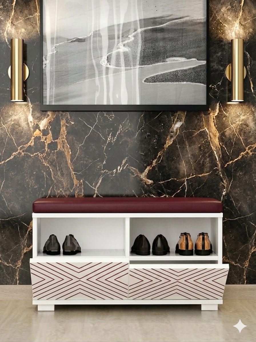 NUOVA 80 cm Minderli Ayakkabılık Oturaklı | 2 Kapaklı Beyaz Ayakkabı Dolabı | Deri Puflu Bench Portmanto | 6-8 Çift Kapasiteli Modern Antre Dolabı