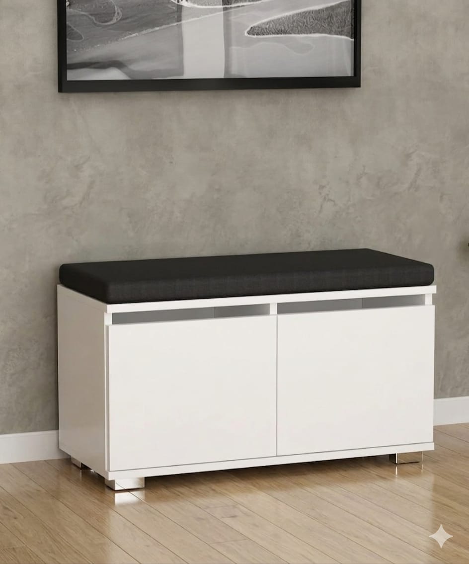 CASTELLO 80 cm Minderli Ayakkabılık Oturaklı | 2 Kapaklı Beyaz Ayakkabı Dolabı | Deri Puflu Bench Portmanto | 6-8 Çift Kapasiteli Modern Antre Dolabı