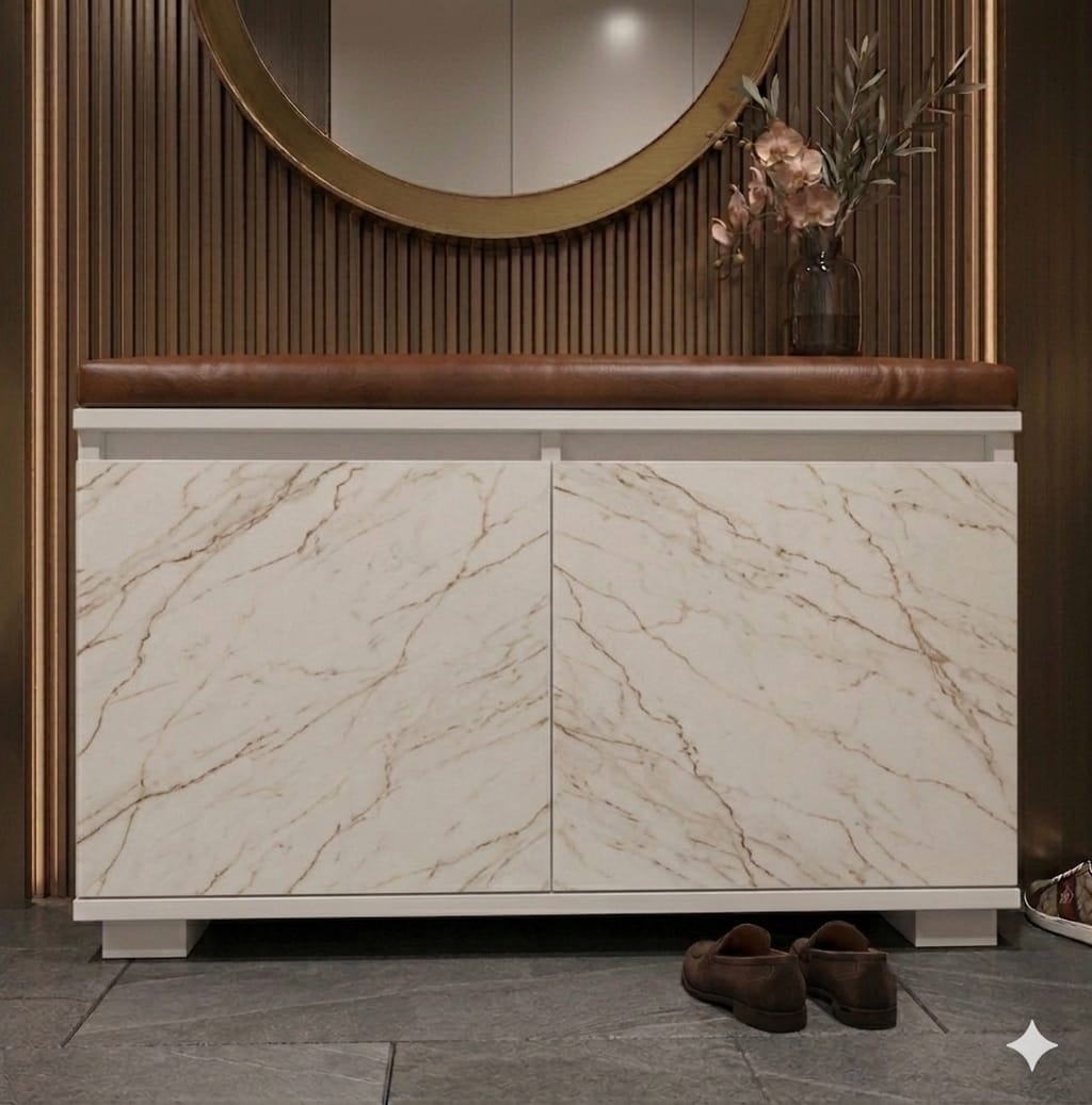 SAN CROCE 80 cm Minderli Ayakkabılık Oturaklı | 2 Kapaklı Beyaz Ayakkabı Dolabı | Deri Puflu Bench Portmanto | 6-8 Çift Kapasiteli Modern Antre Dolabı
