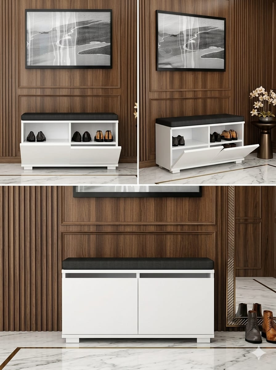 BRANO 80 cm Minderli Ayakkabılık Oturaklı | 2 Kapaklı Beyaz Ayakkabı Dolabı | Deri Puflu Bench Portmanto | 6-8 Çift Kapasiteli Modern Antre Dolabı