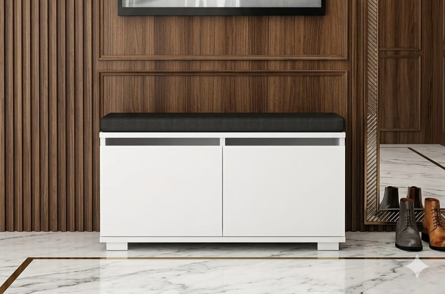 BRANO 80 cm Minderli Ayakkabılık Oturaklı | 2 Kapaklı Beyaz Ayakkabı Dolabı | Deri Puflu Bench Portmanto | 6-8 Çift Kapasiteli Modern Antre Dolabı