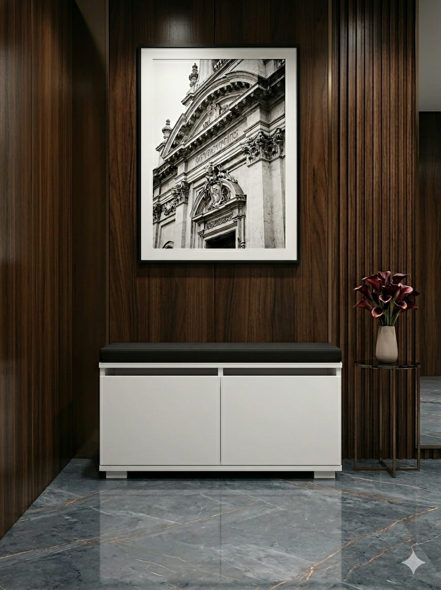 BRANO 80 cm Minderli Ayakkabılık Oturaklı | 2 Kapaklı Beyaz Ayakkabı Dolabı | Deri Puflu Bench Portmanto | 6-8 Çift Kapasiteli Modern Antre Dolabı