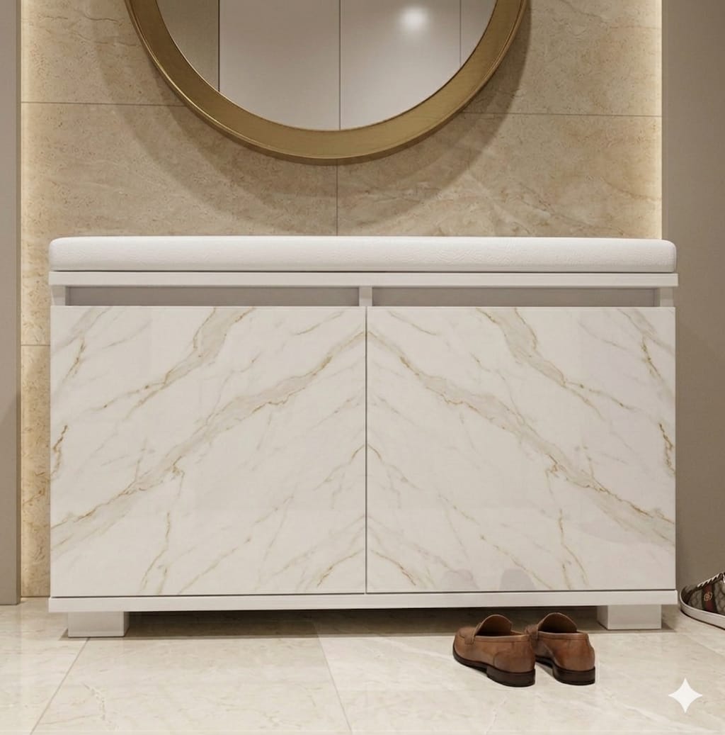 TERMINI 80 cm Minderli Ayakkabılık Oturaklı | 2 Kapaklı Beyaz Ayakkabı Dolabı | Deri Puflu Bench Portmanto | 6-8 Çift Kapasiteli Modern Antre Dolabı