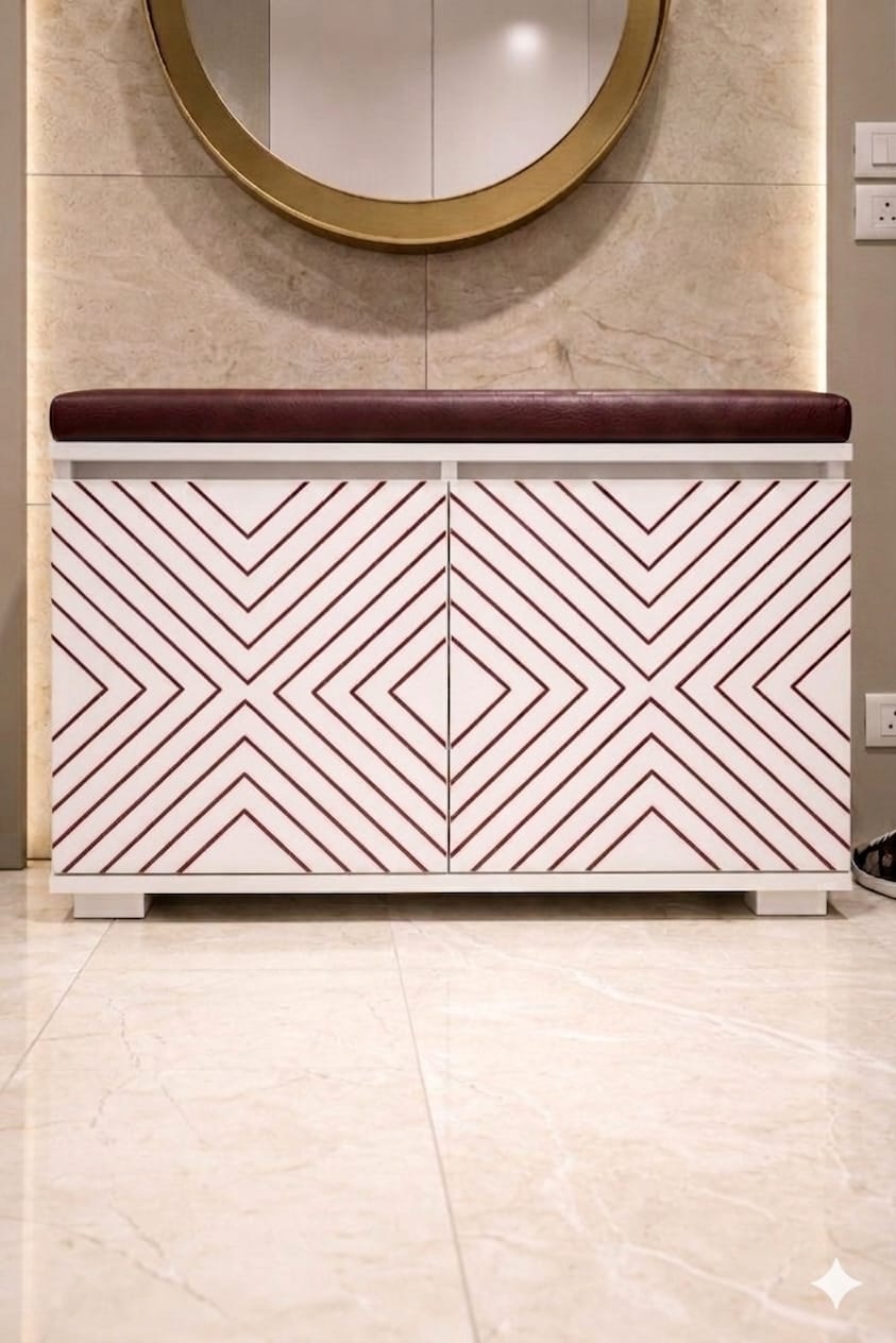 NUOVA 80 cm Minderli Ayakkabılık Oturaklı | 2 Kapaklı Beyaz Ayakkabı Dolabı | Deri Puflu Bench Portmanto | 6-8 Çift Kapasiteli Modern Antre Dolabı