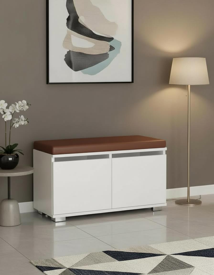 LAMBRATE 80 cm Minderli Ayakkabılık Oturaklı | 2 Kapaklı Beyaz Ayakkabı Dolabı | Deri Puflu Bench Portmanto | 6-8 Çift Kapasiteli Modern Antre Dolabı