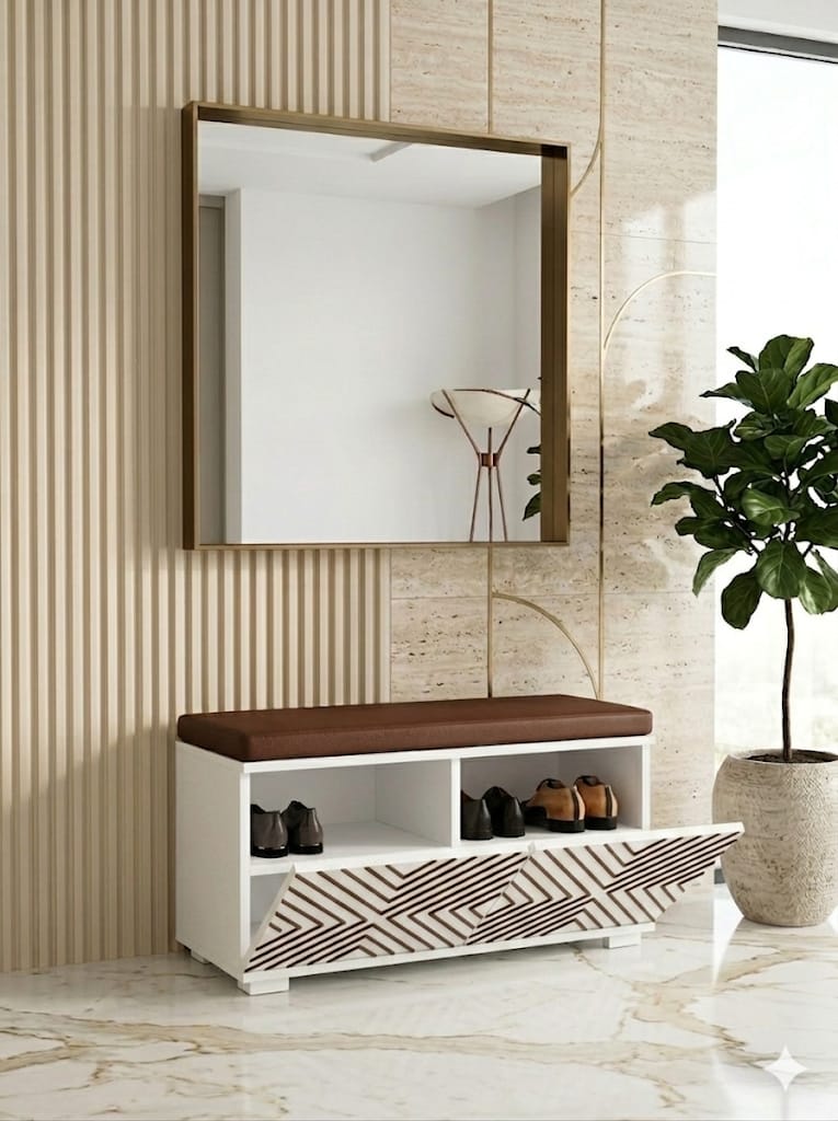 PORTA 80 cm Minderli Ayakkabılık Oturaklı | 2 Kapaklı Beyaz Ayakkabı Dolabı | Deri Puflu Bench Portmanto | 6-8 Çift Kapasiteli Modern Antre Dolabı