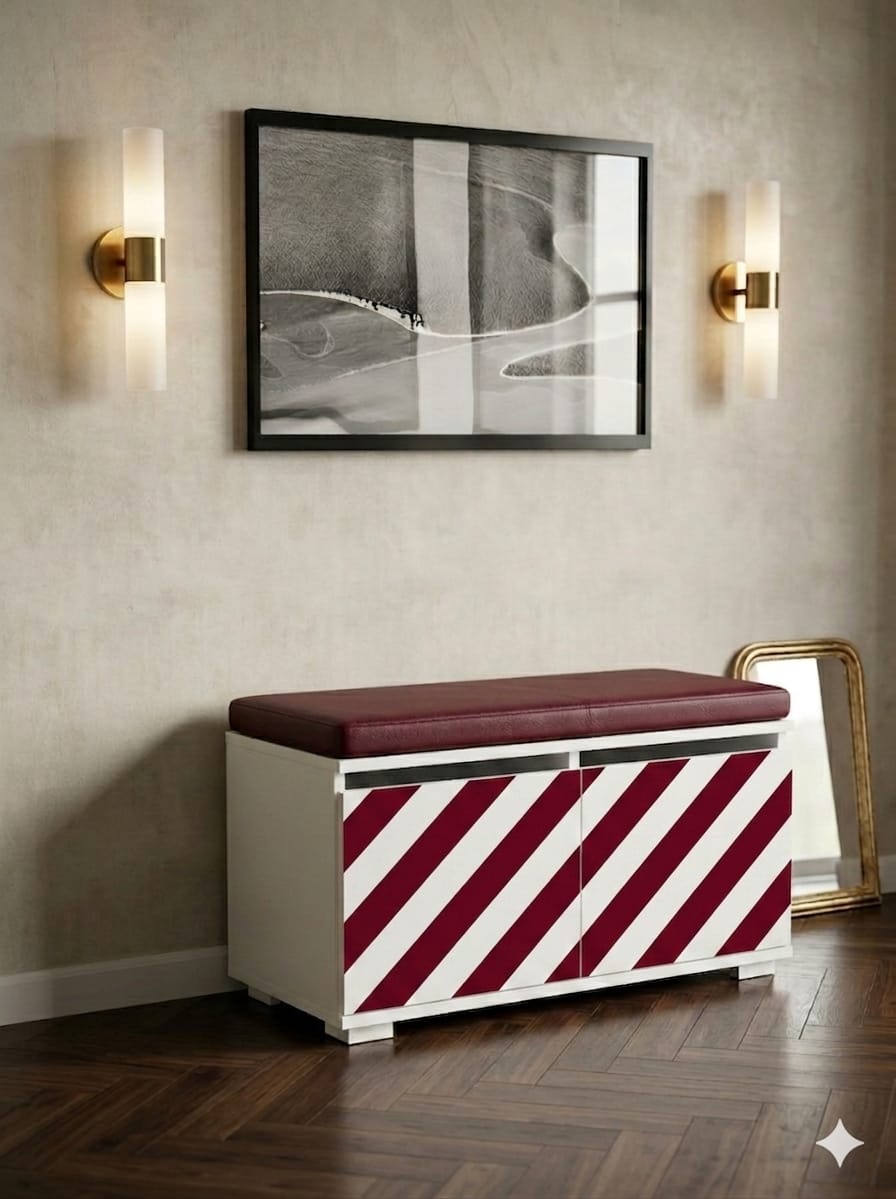 SAN POLO 80 cm Minderli Ayakkabılık Oturaklı | 2 Kapaklı Beyaz Ayakkabı Dolabı | Deri Puflu Bench Portmanto | 6-8 Çift Kapasiteli Modern Antre Dolabı