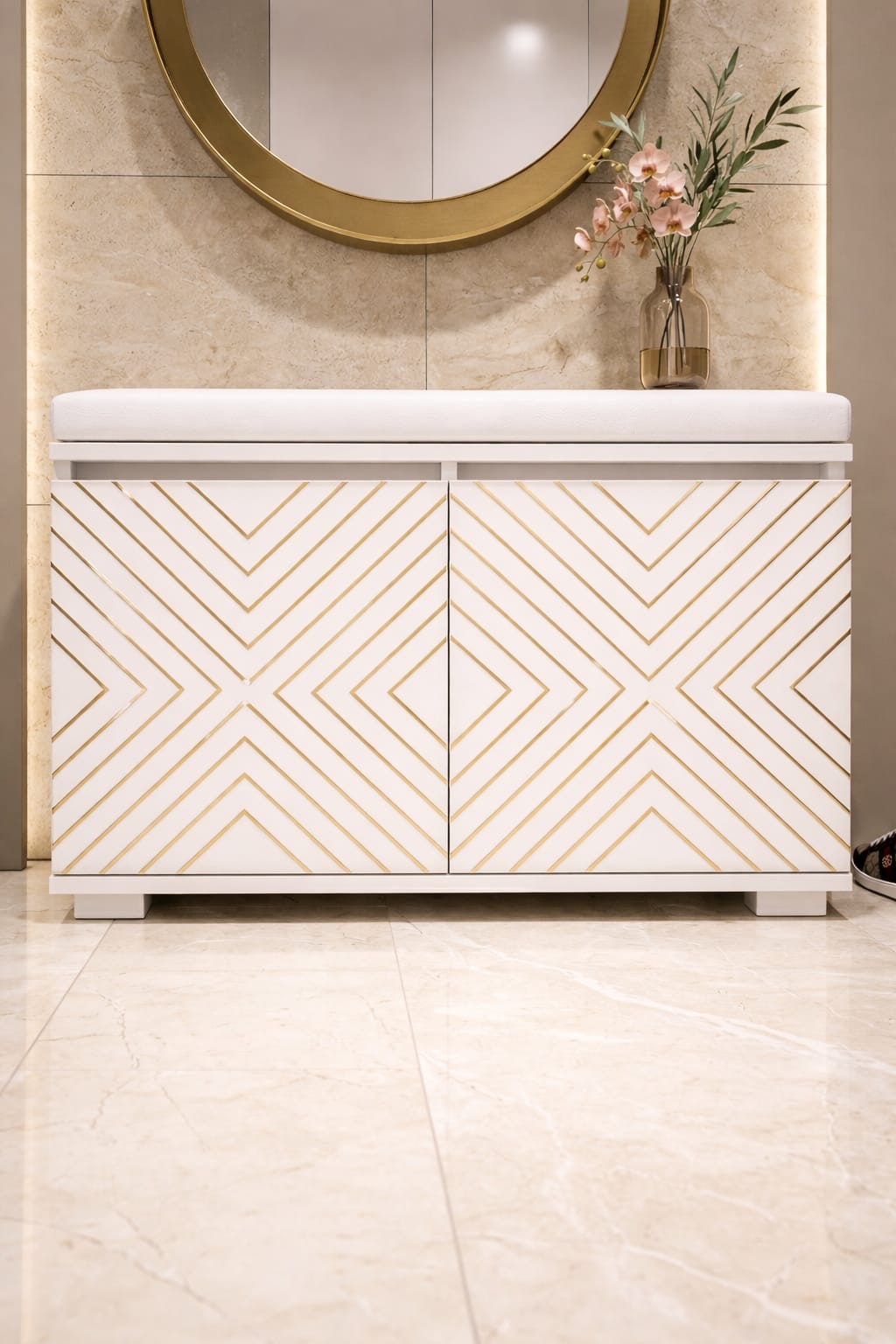 MURANO 80 cm Minderli Ayakkabılık Oturaklı | 2 Kapaklı Beyaz Ayakkabı Dolabı | Deri Puflu Bench Portmanto | 6-8 Çift Kapasiteli Modern Antre Dolabı