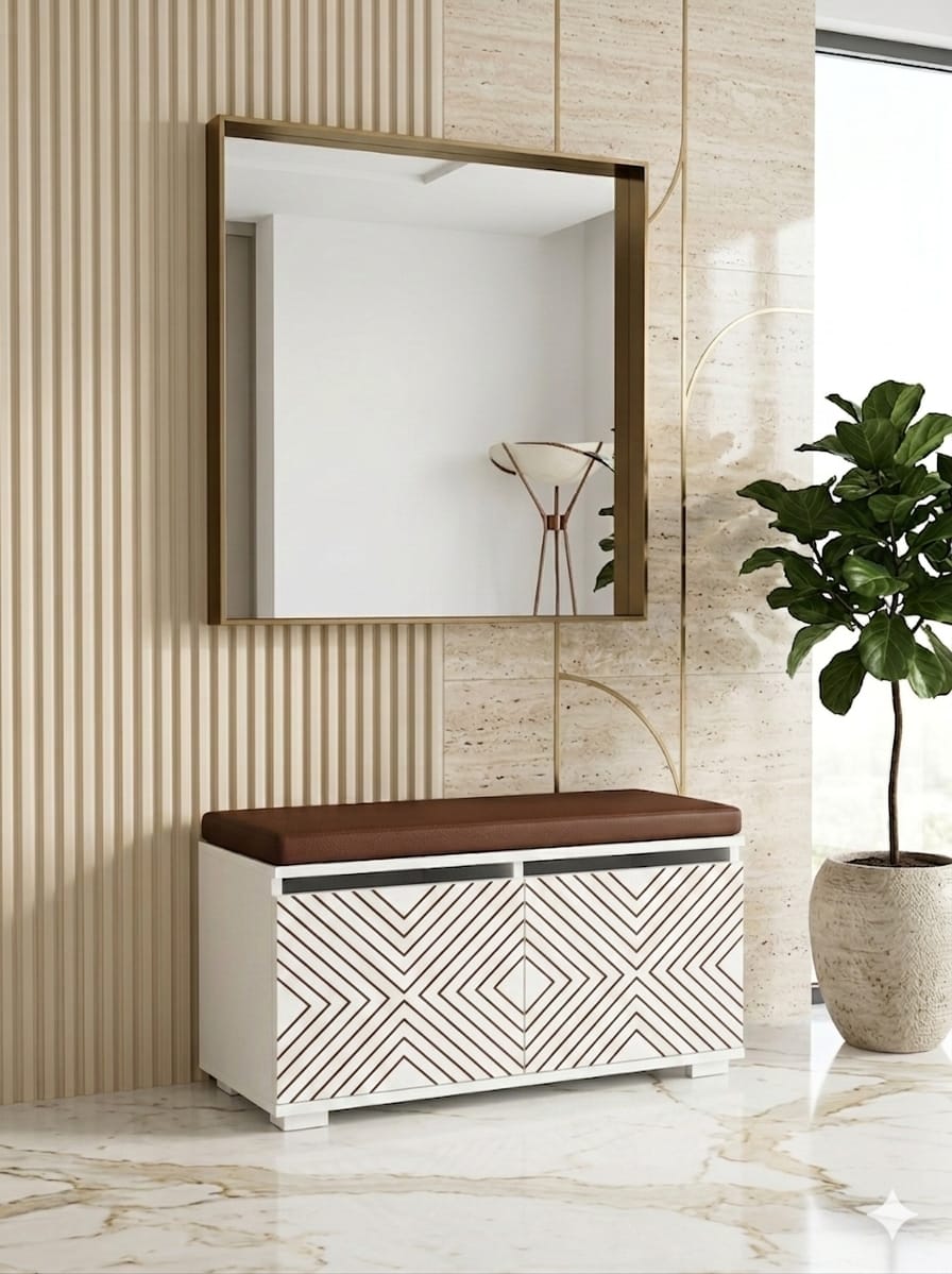 PORTA 80 cm Minderli Ayakkabılık Oturaklı | 2 Kapaklı Beyaz Ayakkabı Dolabı | Deri Puflu Bench Portmanto | 6-8 Çift Kapasiteli Modern Antre Dolabı