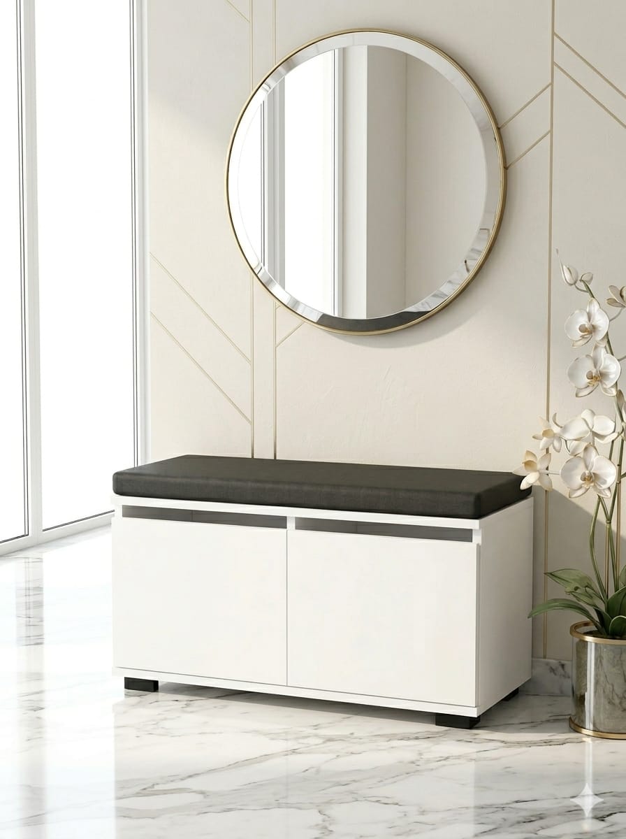 BOVISA 80 cm Minderli Ayakkabılık Oturaklı | 2 Kapaklı Beyaz Ayakkabı Dolabı | Deri Puflu Bench Portmanto | 6-8 Çift Kapasiteli Modern Antre Dolabı
