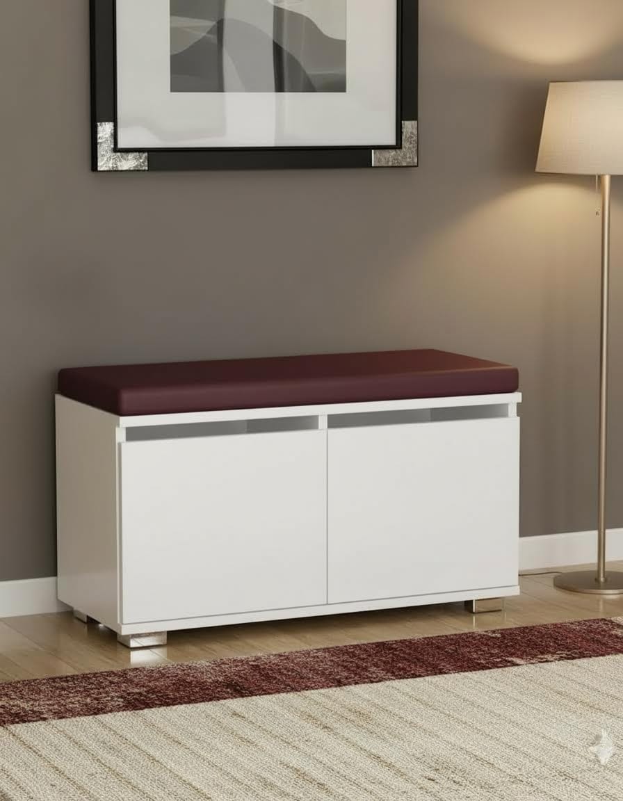 MONTI 80 cm Minderli Ayakkabılık Oturaklı | 2 Kapaklı Beyaz Ayakkabı Dolabı | Deri Puflu Bench Portmanto | 6-8 Çift Kapasiteli Modern Antre Dolabı